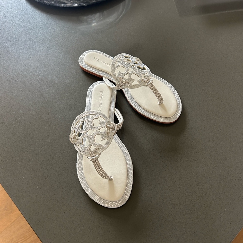 Tory Burch white and Metallic Silver Thong Sandals